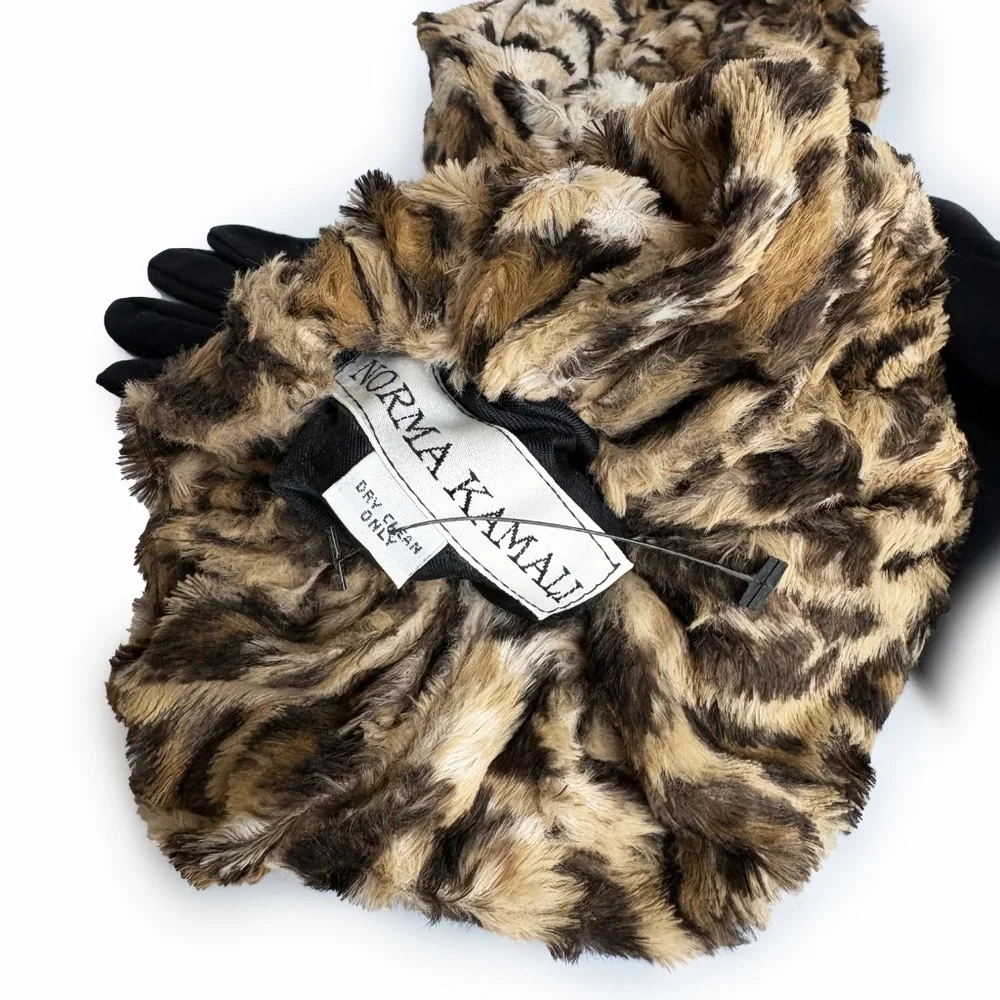 Vintage Early 90s Norma Kamali Faux Leopard Fur Cuff Gloves Retro Glam Rare